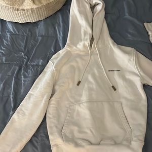 OFF WHITE “LOGO” hoodie in white, with small logo in top right. VERY small stain